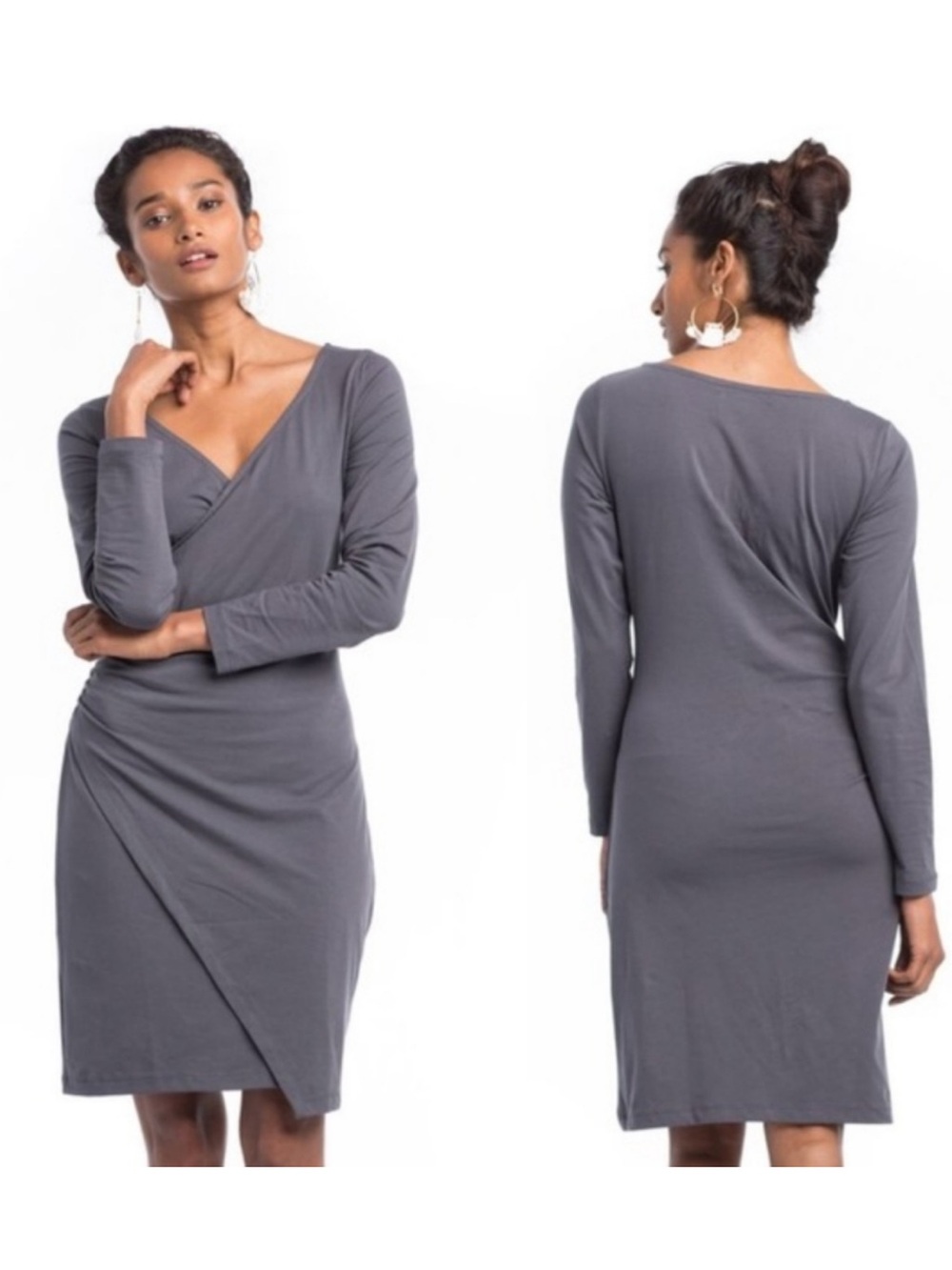 🩶Synergy Organic Clothing Mademoiselle Gray Long-Sleeve Faux-Wrap Dress